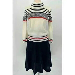 60s/70s Vintage Secretary Preppy Striped Sweater & Skirt Set Navy Cream Red 12